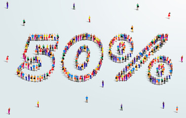 Number 50 Percent. Large group of people form to create a shape 50%. Special Offer Sale Design. Vector Illustration of advertising banner.