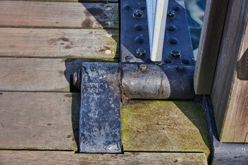 Detailed view of one of the oldest and still functional wooden bascule bridges in Greifswald, Germany.