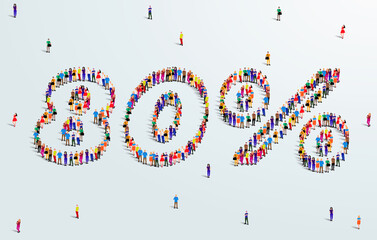 Number 80 Percent. Large group of people form to create a shape 80%. Special Offer Sale Design. Vector Illustration of advertising banner.