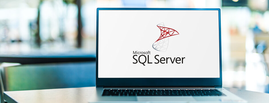  Laptop computer displaying logo of Microsoft SQL Server