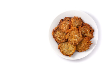 Traditional Jewish latkes or potato pancakes isolated on white background.Top view. Copy space