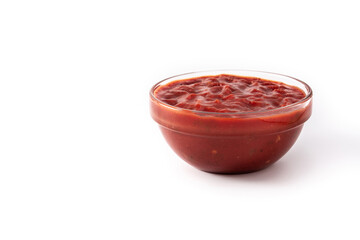 Spicy chili sauce in bowl isolated on white background.Copy space