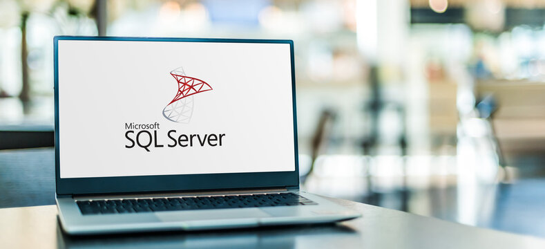  Laptop computer displaying logo of Microsoft SQL Server
