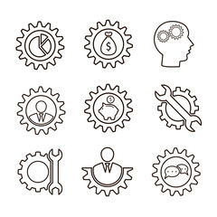 Vector collection of flat icons. Gear, wrench, pig, currency, man, diagram