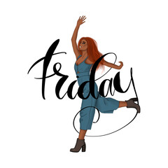 Friday Red Hair Dark Skin Toned Girl Isolated On A White Background Hand Drawn Illustration	