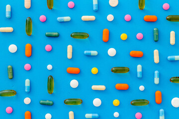 Pills and medicines pattern top view, medical pills and tablets background