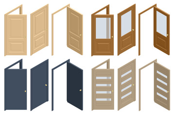 Isometric set of wooden doors in different stages of opening isolated on white background. Entrance and doorways. Indoor interior. Closed and open way.