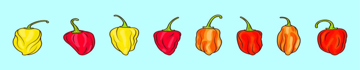 set of habanero chili peppers cartoon icon design template with various models. vector illustration isolated on blue background