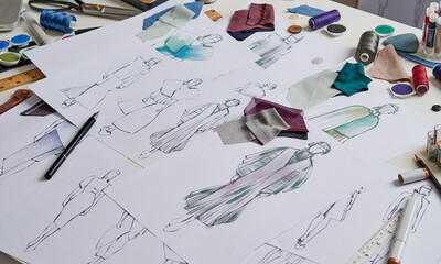 Fashion designer stylish drawings sketches textile fabric material Costume. Designer creative...