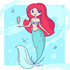 Vector illustration of little mermaid with red color hair and fish tail with sea horse on blue water background with frame.