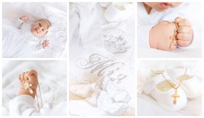Collage of the sacrament of the baptism of a baby. Selective focus.
