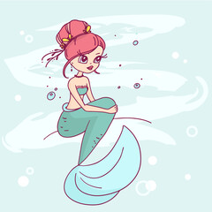Obraz premium Vector illustration of little mermaid with hairstyle and fish tail sitting on a stone on blue water background.