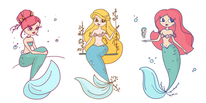 Vector illustration of sister mermaid with color hair and fish tail on white background with water bubble.