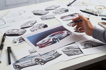 Designer engineer automotive design drawing sketch development Prototype concept car industrial creative.
