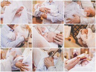 Collage of the sacrament of the baptism of a baby. Selective focus.