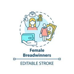 Female breadwinners concept icon. Changing gender roles. Woman only working life. Girl money earning idea thin line illustration. Vector isolated outline RGB color drawing. Editable stroke