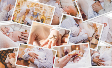 Collage of the sacrament of the baptism of a baby. Selective focus.