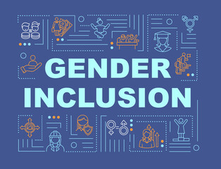 Gender inclusive society word concepts banner. Educational and work opportunities. Infographics with linear icons on dark blue background. Isolated typography. Vector outline RGB color illustration