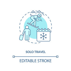 Solo travel concept icon. Winter escape idea thin line illustration. Snowshoeing. Traveling alone. Outdoor activities. Traveling alone. Vector isolated outline RGB color drawing. Editable stroke