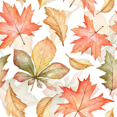 Seamless background with watercolor hand painted autumn wilted leaves
