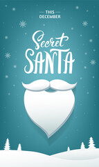 Fototapeta premium Secret Santa party flyer or leaflet design template with hand-drawn calligraphic text and Santa Clauses beard. - Vector