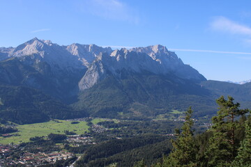 Aerial image of the city of Garmisch-Partenkirchen taken on Kramer Mountain in COVID-19 summer 2020