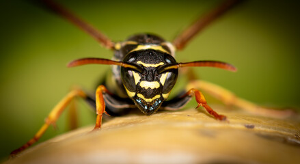 Close-up of a wasp on a yellow leaf