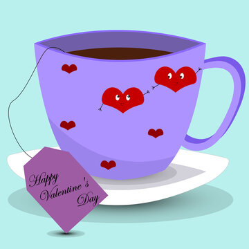 Cute cup of tea for Valentine's Day. Loving hearts reach out to each other. The signature is congratulatory. Cup isolated on a blue background. Vector illustration. Simple picture.