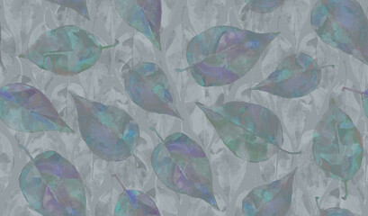 Watercolor blue violet leaves on grey background seamless pattern. Illustration for cards, cover, textile, lining fabric