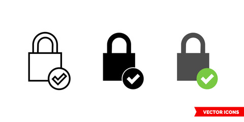 Check lock icon of 3 types color, black and white, outline. Isolated vector sign symbol.