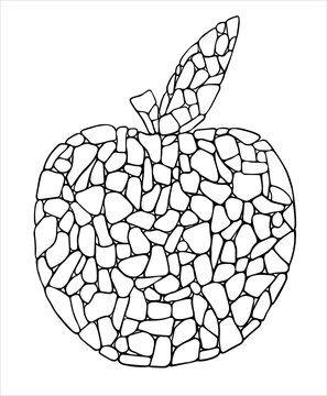 Mosaic apple. Outline coloring book page. Cartoon apple. Isolated on white. Ceramic tile apple silhouette.Trencadis broken tiles. Hand drawn ink, line art,  fruit vector illustratiion. Mosaic color pi