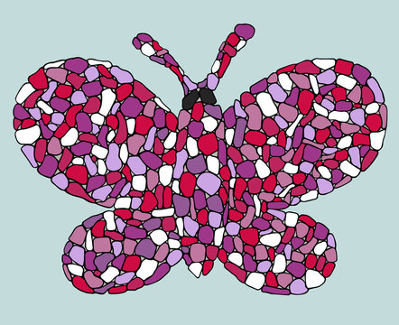 Mosaic butterfly. Ceramic trencadis broken tiles. Butterfly icon mosaic stylized. Colorful buttrfly silhouette. Color stone texture. Hand drawn ink, line art, vector illustratiion. Mosaic pieces.