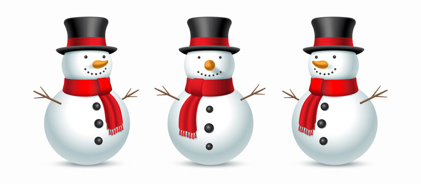 Christmas snowman with hat and scarf isolated on white background. Set of snowman in three angles. Vector illustration