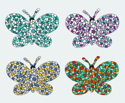 Mosaic butterfly set. Ceramic trencadis broken tiles. Color butterflies collection mosaic stylized. Colorful buttrfly silhouette mosaic texture. Hand drawn ink, line art, vector illustratiion. Mosaic 