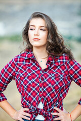 Fashion Portrait of Stylish Pretty Brunette Young Woman Outdoor