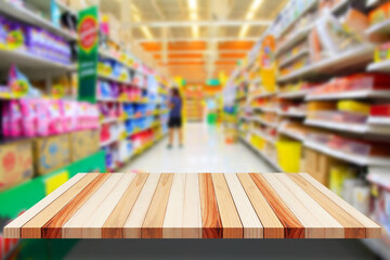 Wood floor and Supermarket blur background, Product display, template,