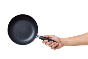 Hand holding a frying pan isolated on a white background with clipping path