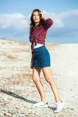 Fashion Portrait of Stylish Pretty Brunette Young Woman Outdoor