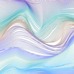 Violet, turquoise, blue, green, beige undulating subtle lines. Dynamic wavy curves, net texture. Multicolored strips. Abstract background, wave pattern. Vector line art design. Modern template. EPS10