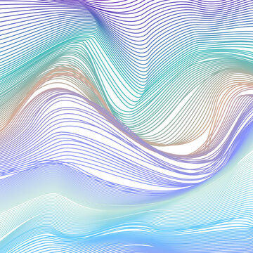 Violet, turquoise, blue, green, beige undulating subtle lines. Dynamic wavy curves, net texture. Multicolored strips. Abstract background, wave pattern. Vector line art design. Modern template. EPS10