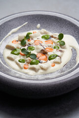 Seafood salad with fried scallops and vegetables