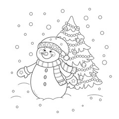 Coloring page of a cute cartoon snowman with Christmas tree. Vector black and white illustration on white background.