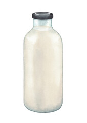 Watercolor glass bottle of milk isolated on the white background