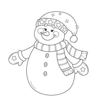 Coloring page of a cute cartoon snowman. Vector black and white illustration isolated on white background.