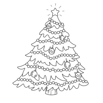 Coloring page of a decorated Christmas tree. Vector black and white illustration isolated on white background.