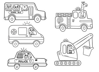 Funny coloring kids transport set with animals. School bus, ambulance, excavator, fire engine, police car cartoon black and white vector illustration isolated on white background