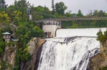 Rocky Face of Montmorency Falls waterfall near Quebec City, Canada, natural landmark and Tourist...