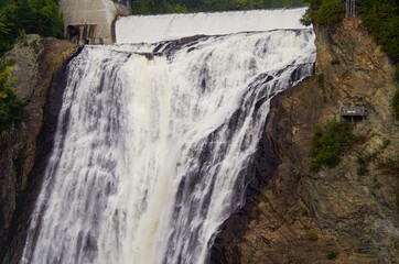 Rocky Face of Montmorency Falls waterfall near Quebec City, Canada, natural landmark and Tourist...