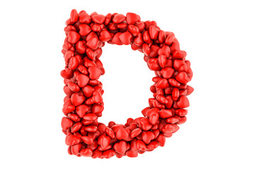 Letter D from red hearts, 3D rendering