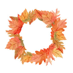 Watercolor hand drawn wreath with oak, maple fall leaves in warm colours for template, invitation design